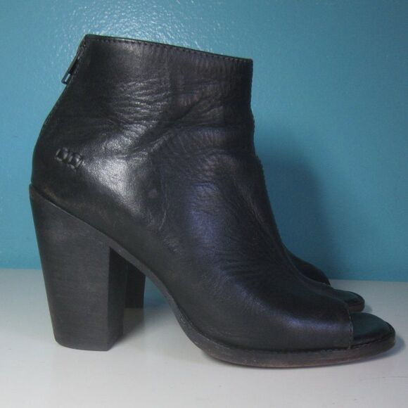 Bed Stu Bench Made Womens Size 8 Peep Toe Black Leather Boots 38.5 EU 3.5" Heel - Picture 1 of 14